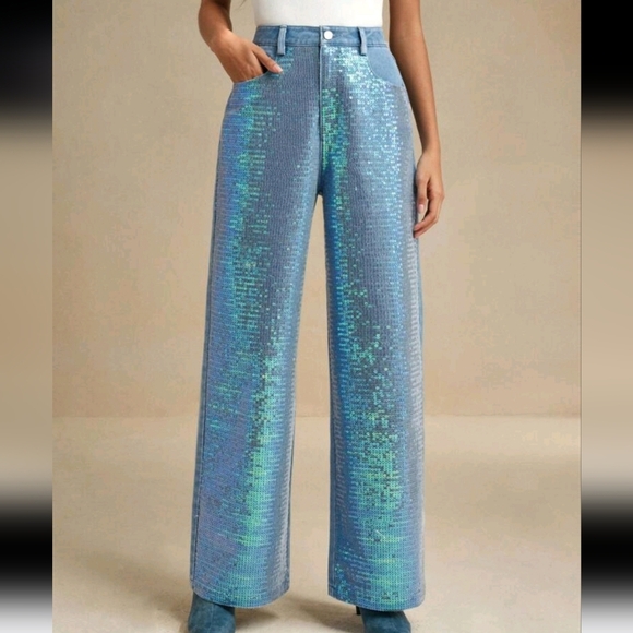 Fashionable Christmas Bling Rhinestone Embellished Straight Leg Jeans For Women - Picture 2 of 4